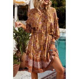 Orange Boho Floral Print Bishop Sleeve Mini Dress