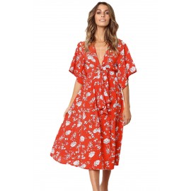 Red Boho Floral Knot Front Kimono Dress