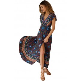 Multicolor V-Neck Beach Resort Printed Dress