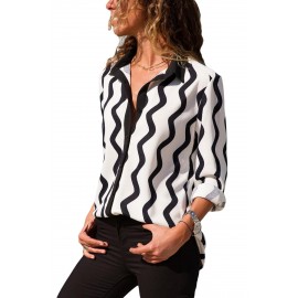 Black White Wavy Stripes Button Up Blouse